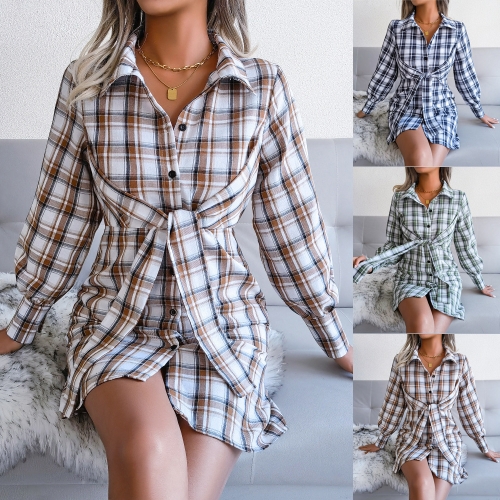 Long sleeved casual Plaid bandage cotton linen shirt skirt