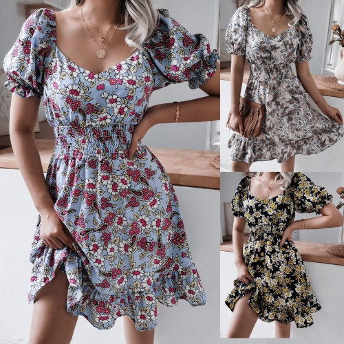 Casual square collar Lantern Sleeve Floral Casual Ruffle Dress