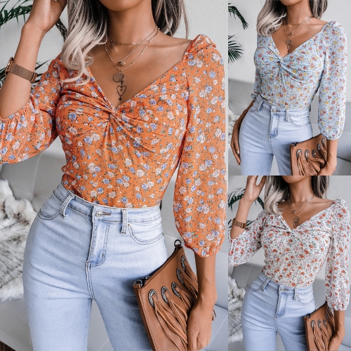 Sexy V-neck knotted Floral Chiffon Top
