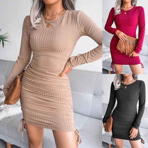 Drawstring tie pit strip knitted Hip Wrap Dress