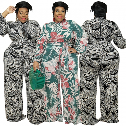 Fashion Leaf Print Plus Size Jumpsuit