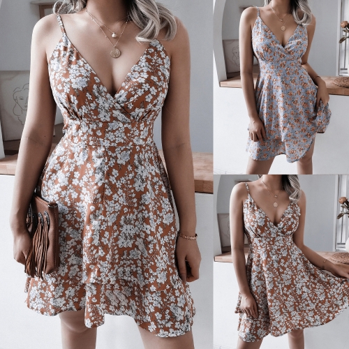 Sexy V-neck sling floral Pleated Chiffon Dress