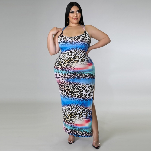 Fashion Leopard Print Lace Up Plus Size Dress