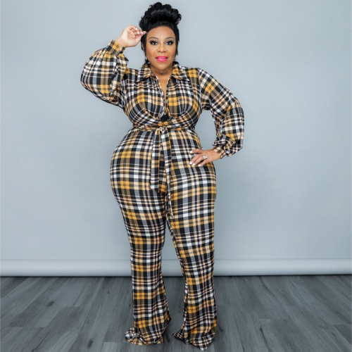 Fashion Check Print Puff Sleeves Twist Plus Size Jumpsuit