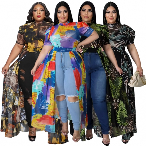 Fashion Plus Size Print Pile Sleeve Split Blouse