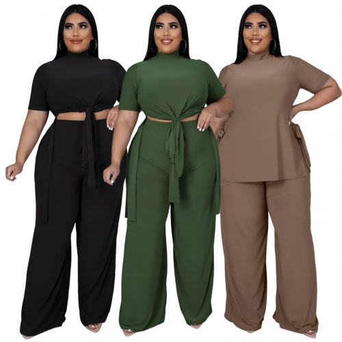 Casual plus size slit lace-up two-piece pants suit