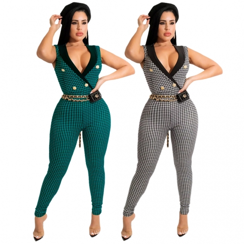 Fashion Houndstooth Print Lapel Button Jumpsuit