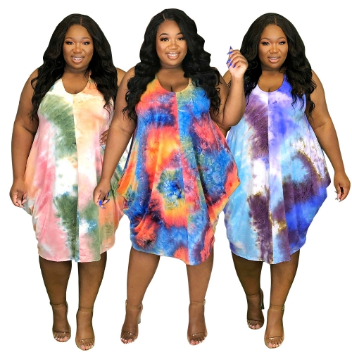 Sleeveless tie dyed print loose waist dress