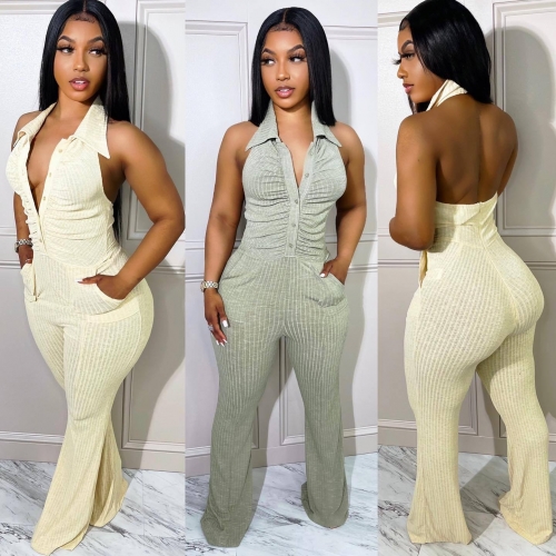 Shirt collar backless solid flare Jumpsuit