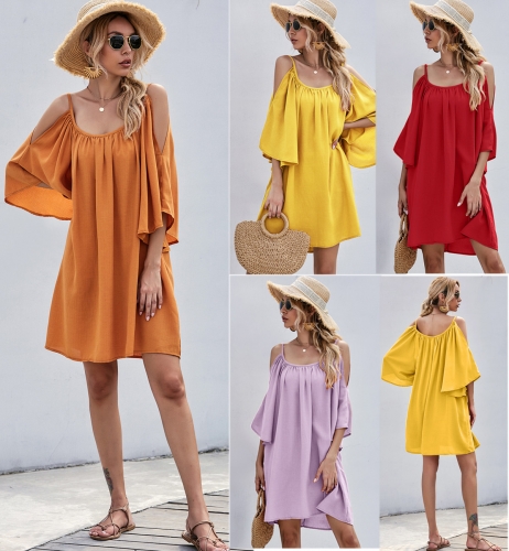 Casual flare sleeve leaky shoulder sexy dress
