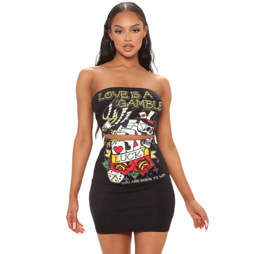 Sexy printed backless chest wrap two-piece set