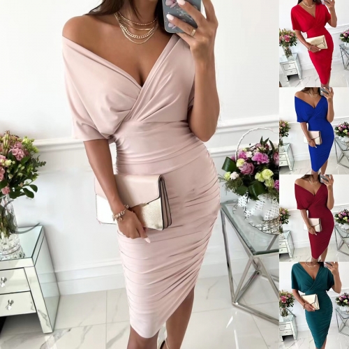 Solid V-neck sexy hip wrap dress