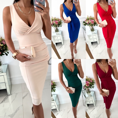 Sleeveless V-neck tight wrap hip strap dress