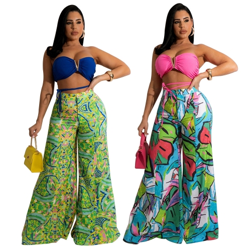 Casual V-Neck Tubeless Print Wide-Leg Pants Set