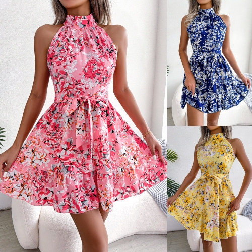 Temperament lace up Ruffle large swing Floral Dress
