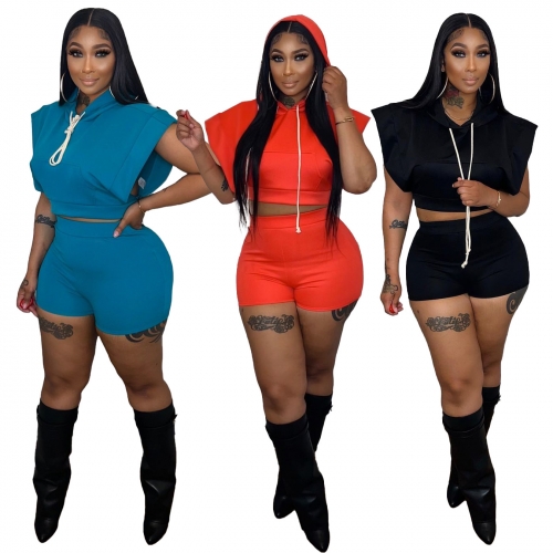 Solid sport sleeveless Hoodie two-piece set