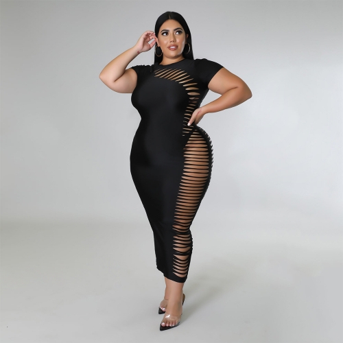 Street solid color ripped plus size dress
