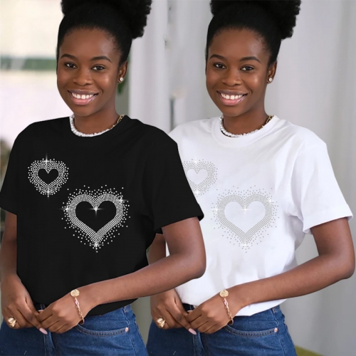 Casual heart-shaped hot diamond T-shirt