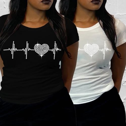 Casual heart-shaped hot diamond T-shirt