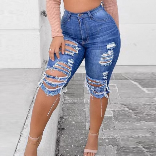 Trendy plus size tassel brushed ripped denim shorts