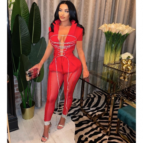 Fashion Lace Up Mesh Pants Two Piece Set