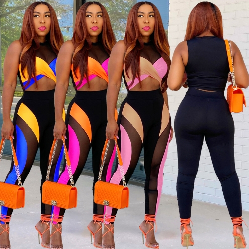 Sexy Colorblock Mesh Tank Top Pants Two-Piece Set