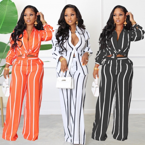 Trendy Stripe Print Two Piece Pants Set