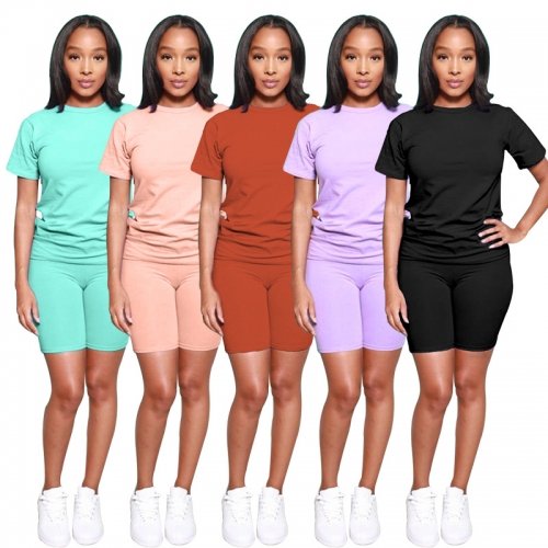 Solid color short sleeve round neck top two piece set