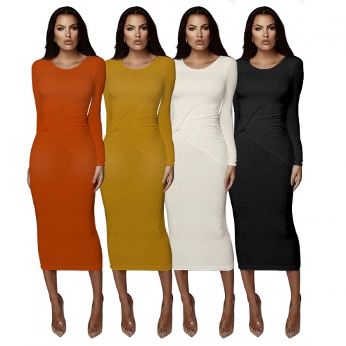 Solid color tight long sleeve Pleated Dress