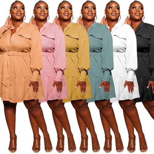 Solid color round neck plus size long sleeve Pleated Dress