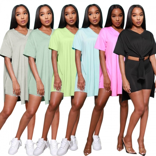 Solid color V-neck short sleeve split top two piece set