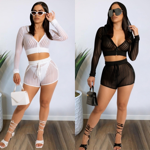 Striped mesh casual two piece set