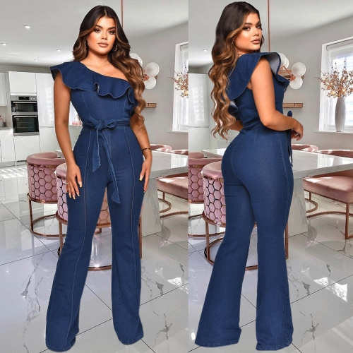 Ruffled diagonal shoulder Wide Leg Denim Jumpsuit