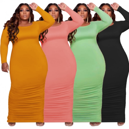 Solid color round neck sexy tight large dress