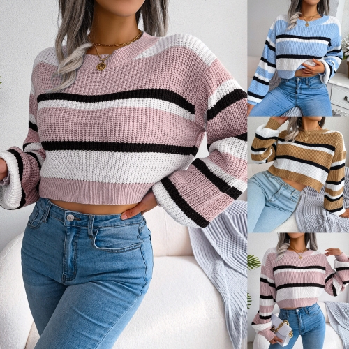 Casual stripe long sleeve open navel sweater