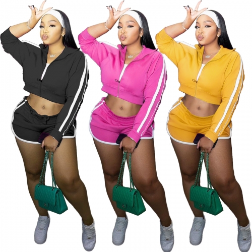 Solid color cardigan sports long sleeve shorts two-piece set