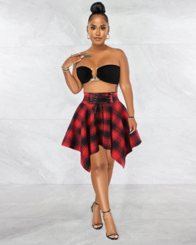 Fashion Irregular Plaid High Waist Thin Skirt