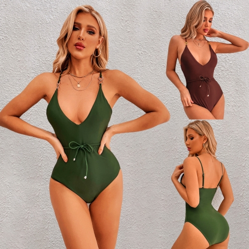 Solid V-neck one-piece swimsuit