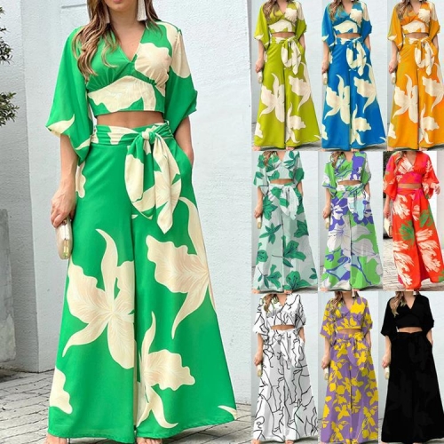 Printed casual V-neck Lantern Sleeve Top + High Waist Wide Leg Pants two-piece set