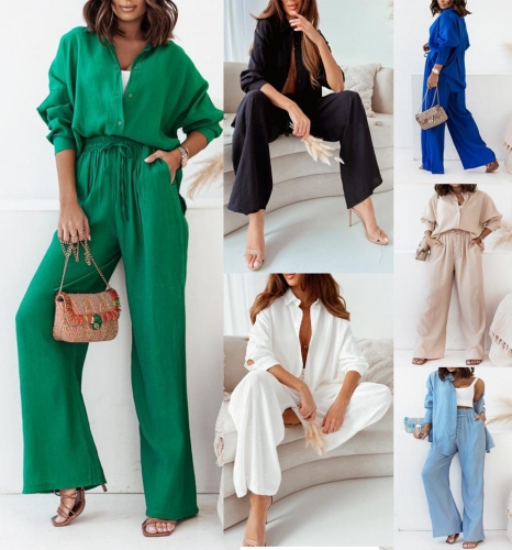 Loose casual long sleeve shirt + wide leg pants two-piece set