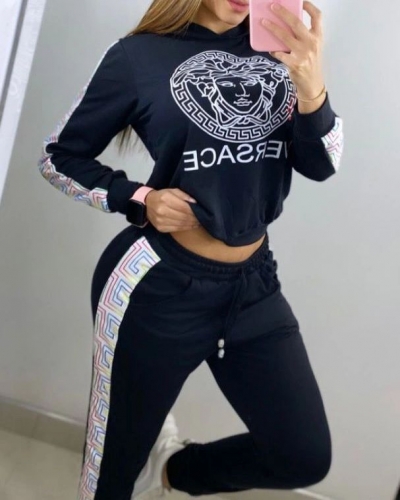 Casual Sport Hoodie Letter Print Two Piece Pants Set