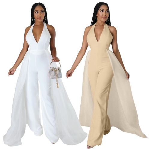 Fashion Backless Halter Wide Leg Jumpsuit (with Skirt)