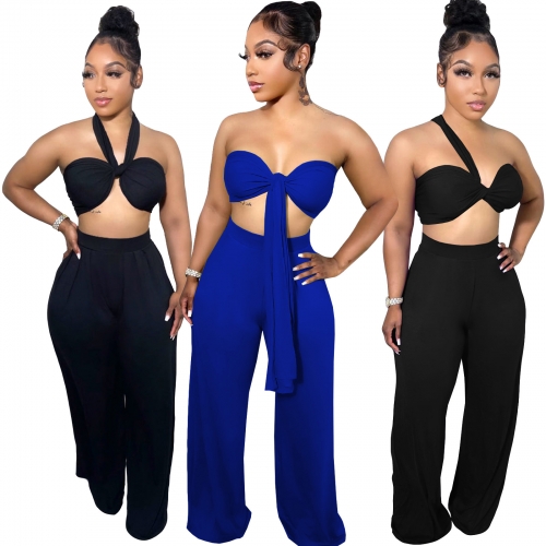 Sexy Halter Top + wide leg pants two-piece set