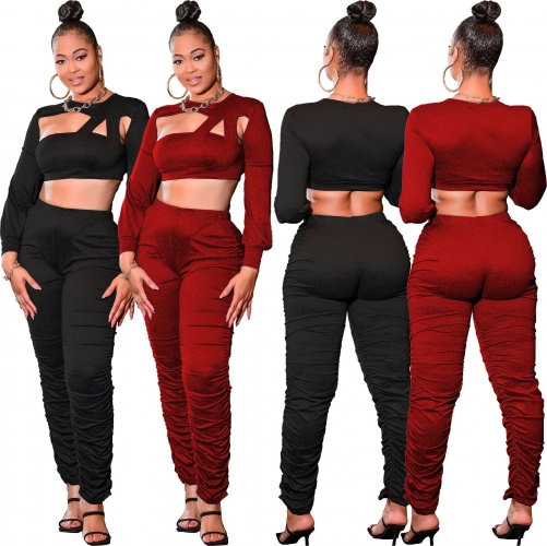 Fashion Cutout Pleated Two-Piece Pants Set