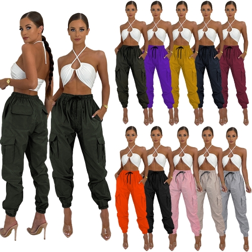 Casual Solid Color Hemming Unisex Cargo Pants