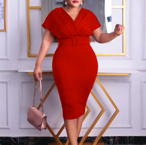 Fashion V neck belt plus size dress