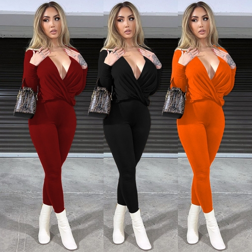 Fashion casual sexy solid color V-neck cross pleated loose long sleeve trousers two-piece set