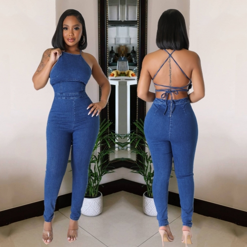 Casual backless bandaged jeans jumpsuit