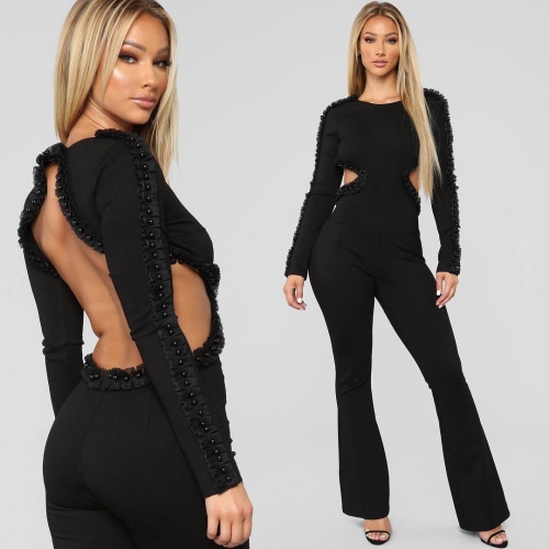 Bead nailed bubble bead long sleeved open back jumpsuit