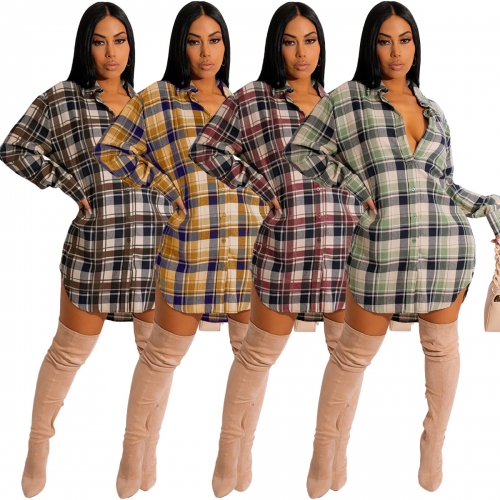 Casual loose classic plaid shirt dress